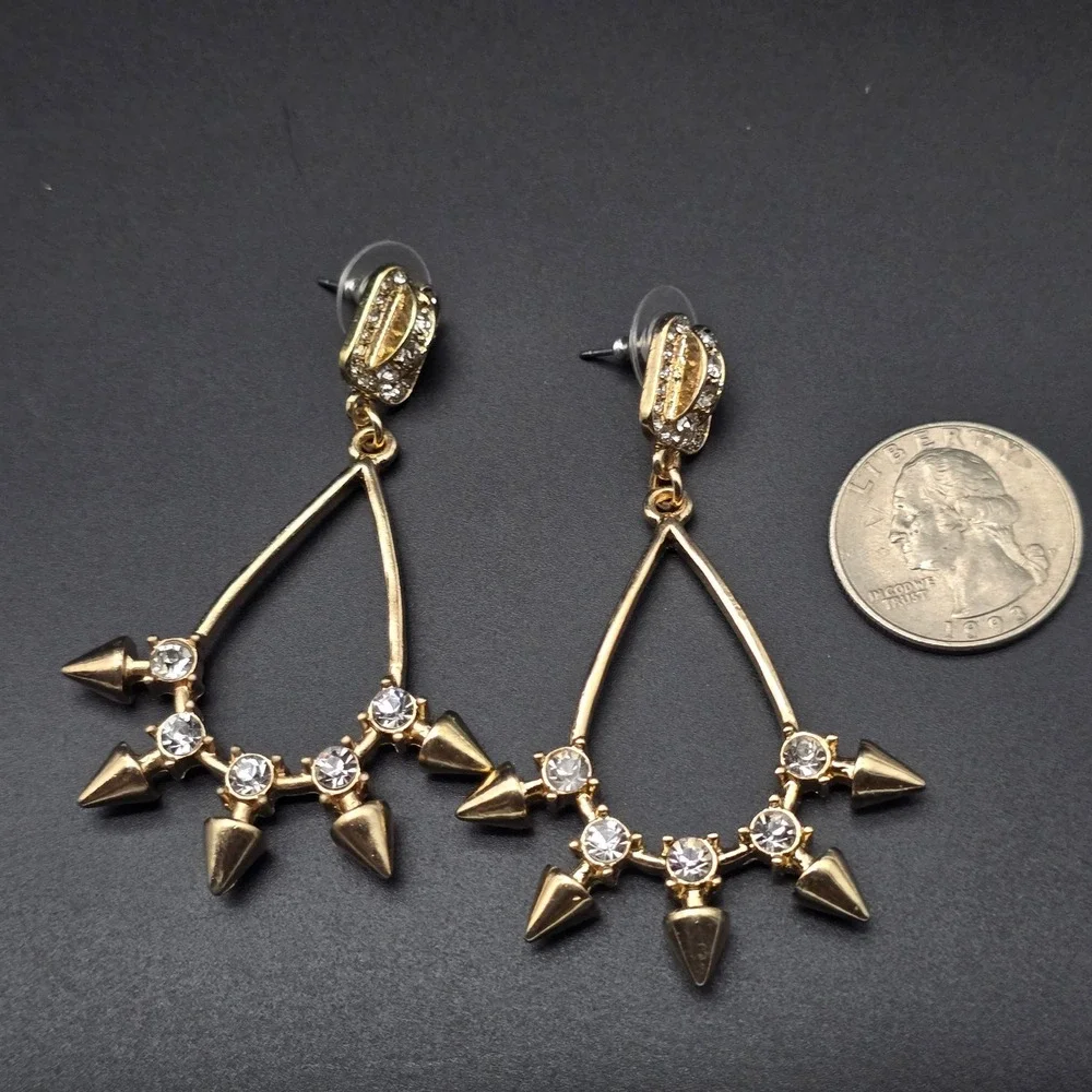 Gold Tone Rhinestone Studded Spike Hoop Earrings Pierced Edgy Punk
